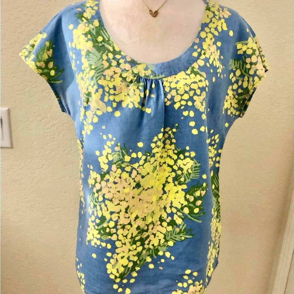 Boden Blue Floral Cap-Sleeve Blouse with Yellow Print